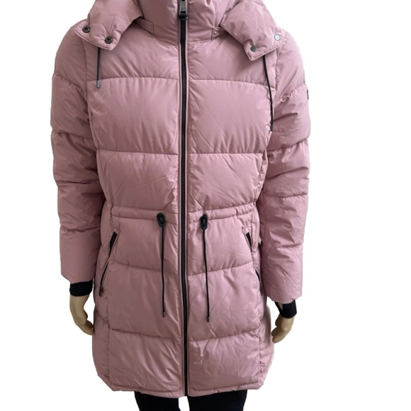 DKNY Light Pink Puffer Long Coat Jacket Parka Hooded Women 0F Warmth Large L - Picture 1 of 6